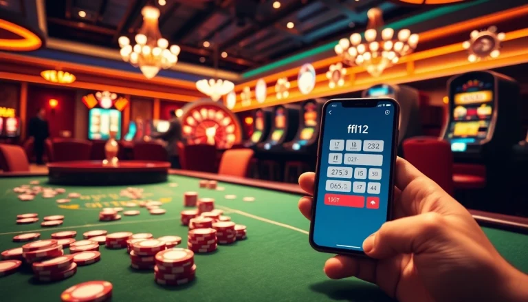 View the f12 App being used in a lively casino scene filled with poker chips and roulette wheels.