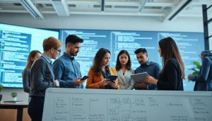 Collaborate on app development with a professional team in a modern workspace.