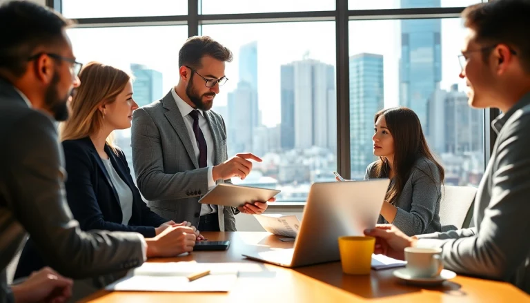 Real Estate agent guiding clients in a modern office with engaging atmosphere and vibrant city view.