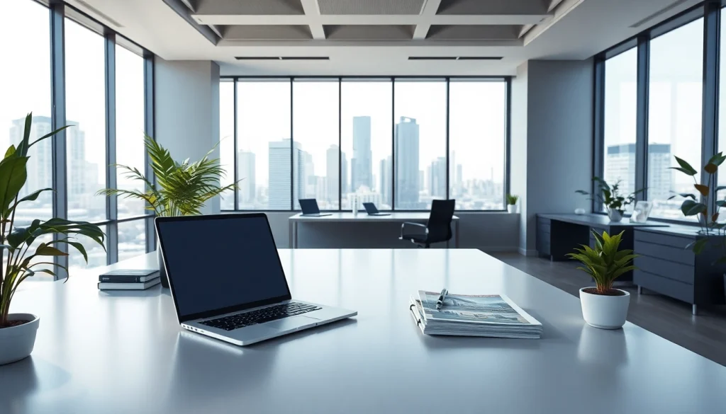 Engaging real estate office interior illustrates professionalism and contemporary design.