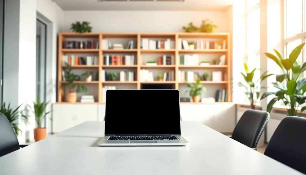 Engaging business workspace with a laptop and greenery enhancing productivity and focus.