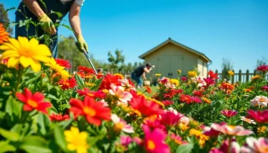 Gardening enthusiast caring for vibrant plants in a lush garden setting.