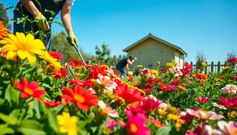 Gardening enthusiast caring for vibrant plants in a lush garden setting.