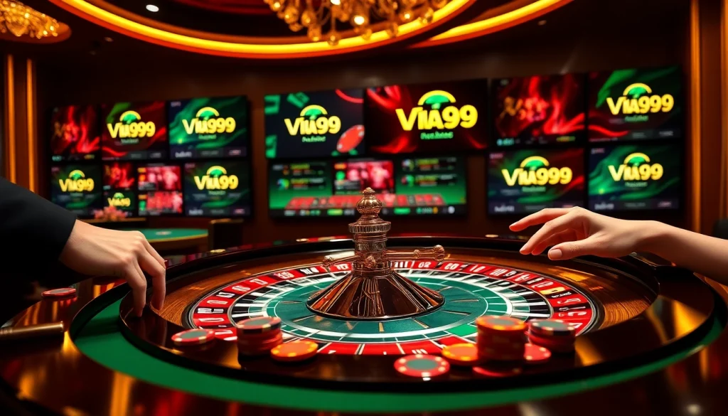 Experience the thrill of Vua99 as players engage in a live casino setting with poker chips and Roulette.