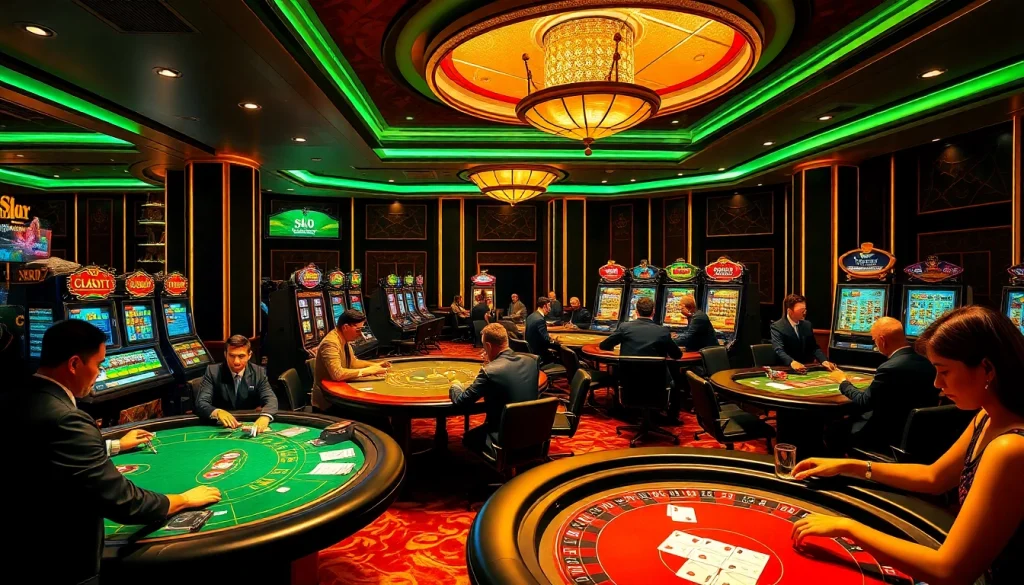 Players enjoying their time at nhà cái sunwin in an upscale casino atmosphere filled with excitement.