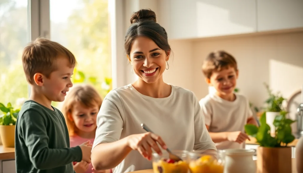 Mom enjoying quality time with family at https://giveaways4mom.com in a sunny kitchen.