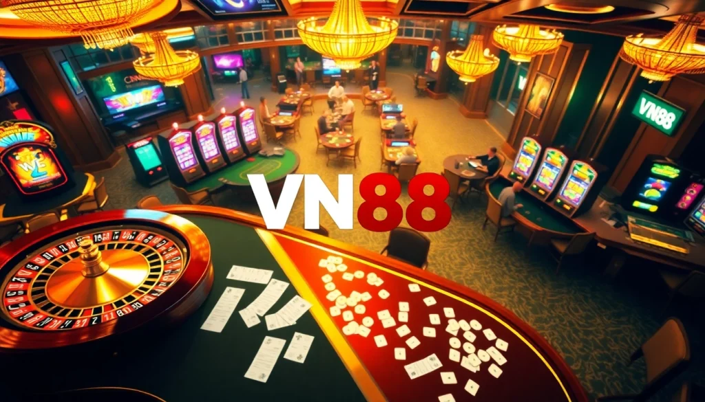 Players engaging in thrilling casino action at VN88, featuring poker tables and roulette wheels.
