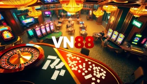 Players engaging in thrilling casino action at VN88, featuring poker tables and roulette wheels.
