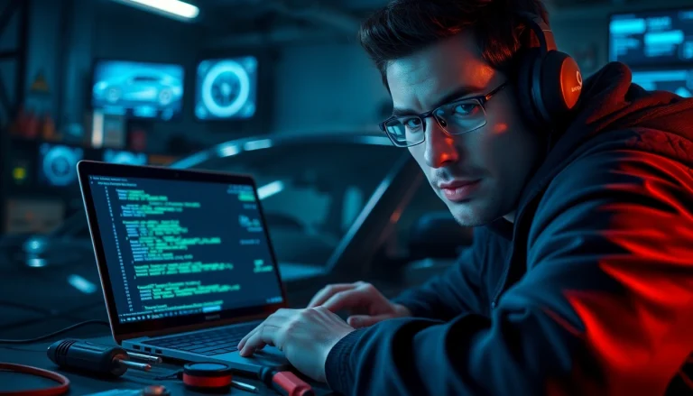 Showcase car hacking techniques illustrated by https://car-hack-world.com in a high-tech setting.