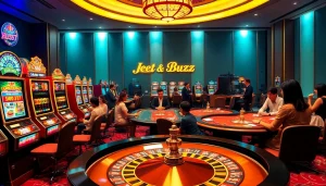 Exciting scene at jeetbuzz ক্যাসিনো with players at tables, vibrant slot machines, and thrilling atmosphere.