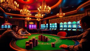 Engaged players at a high-stakes poker table in an elegant casino atmosphere at https://www.god345.co/ showcasing excitement.