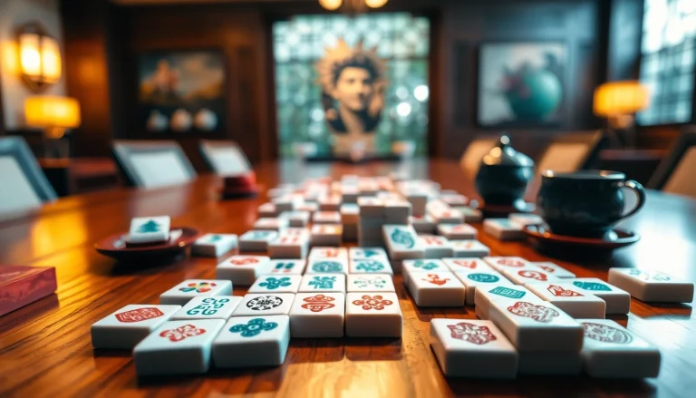 Mahjong game tiles arranged beautifully on a wooden table, inviting players to engage.