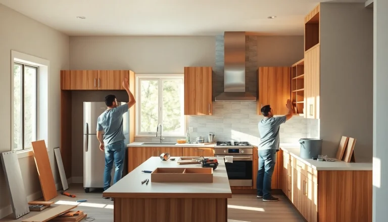 Home renovation work in progress with kitchen installation and modern design elements.