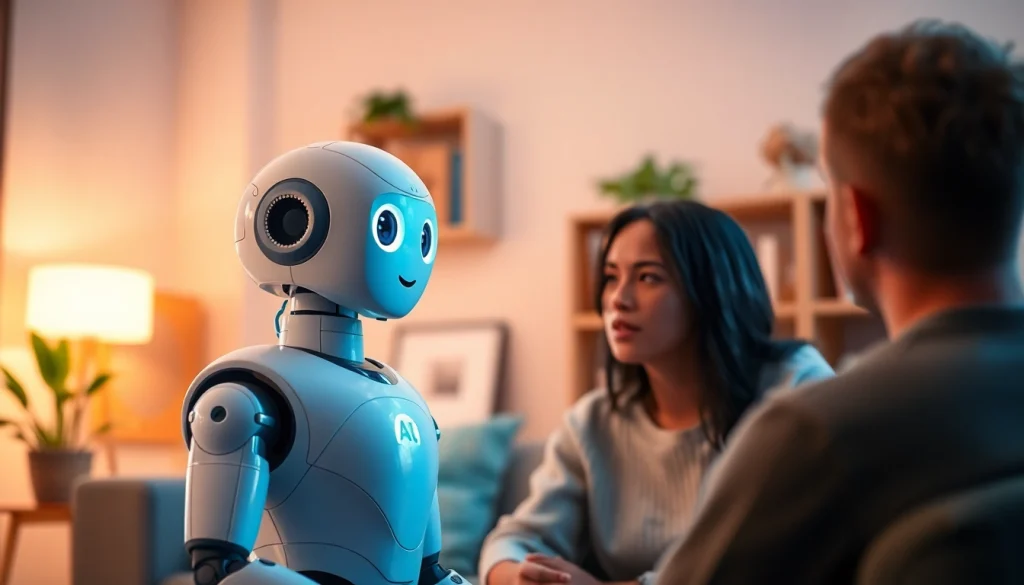 Engaging interaction with AI Friend in a cozy living room, creating a friendly and inviting atmosphere.