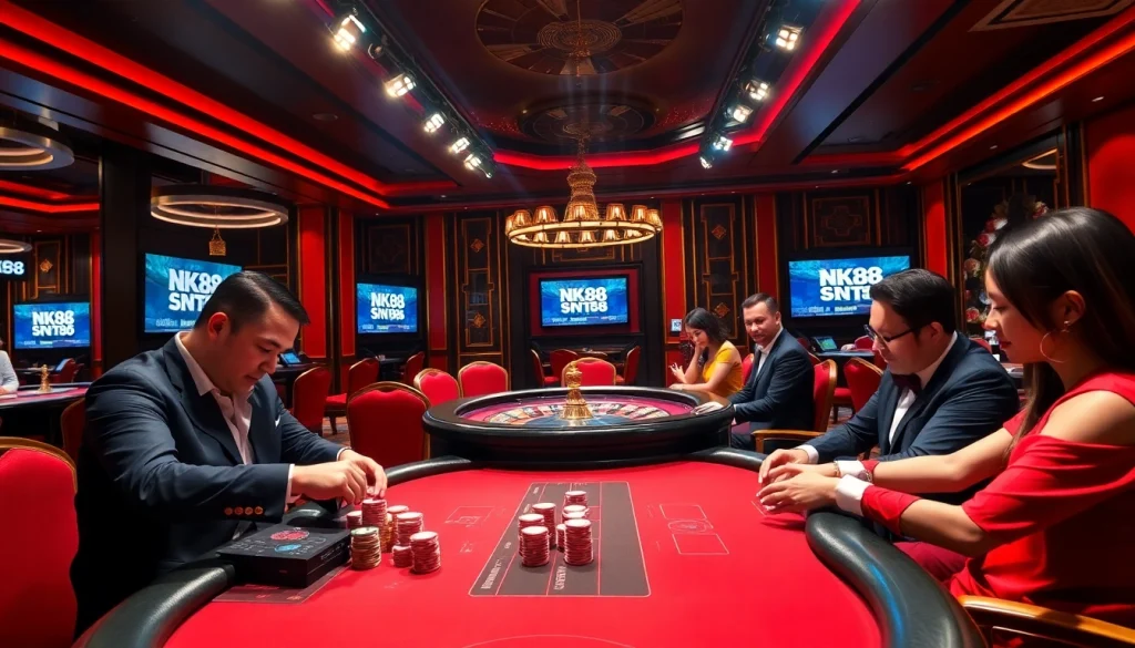 Participants place bets at the NK 88 poker table in a luxury casino atmosphere.