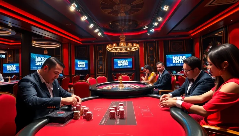 Participants place bets at the NK 88 poker table in a luxury casino atmosphere.