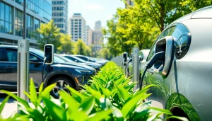 Highlighting the latest EV charging news, a bustling charging station with electric vehicles in a vibrant urban setting.