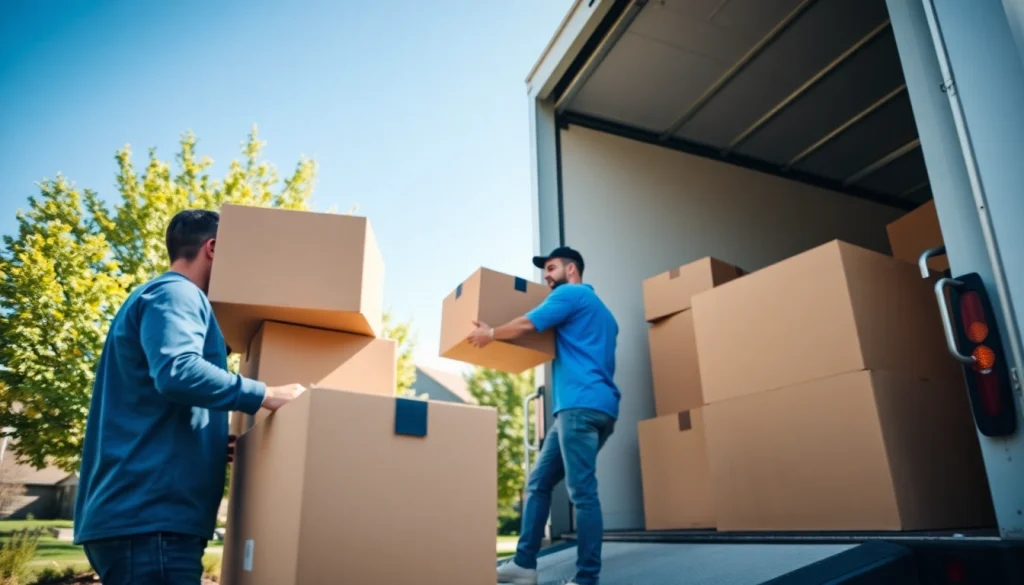 Expert calgary movers loading boxes into a truck, showcasing their efficiency and professionalism in a bright setting.