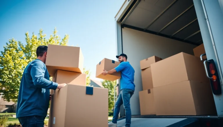 Expert calgary movers loading boxes into a truck, showcasing their efficiency and professionalism in a bright setting.