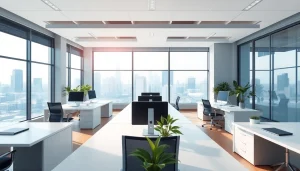 Engaging office space highlighting industrial leasing with modern design and natural light.