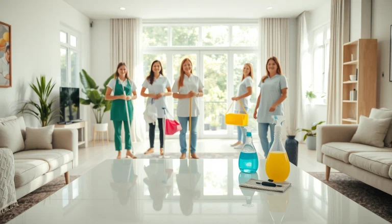 Showcasing a cleaning service in action, highlighting professional cleaners making a home spotless.