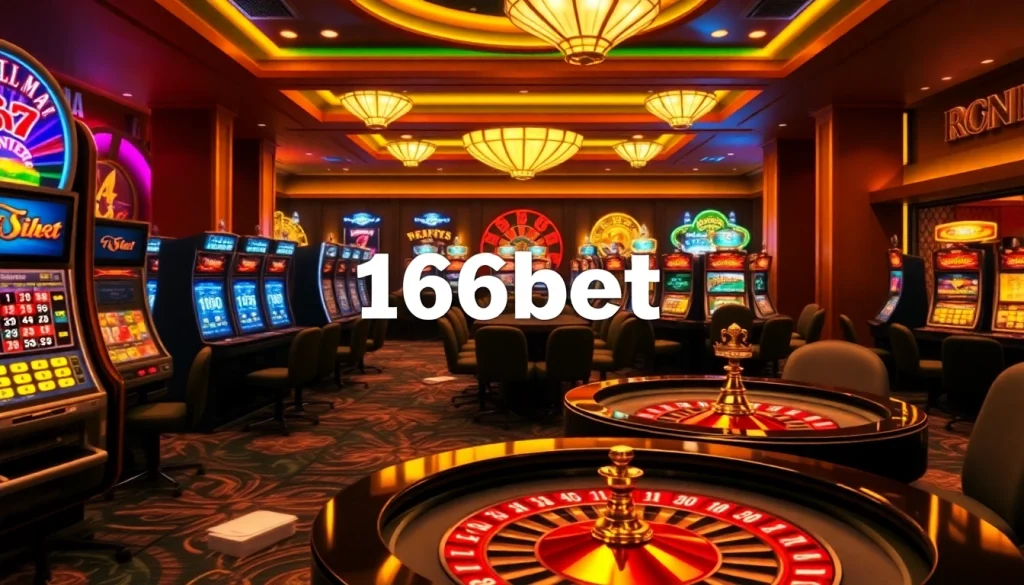 166bet Login interface displayed among luxurious casino tables and vibrant slot machines.