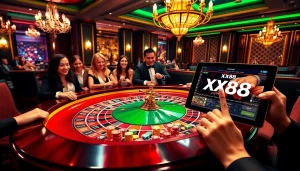 Experience the thrill of winning at XX88, featuring a vibrant roulette table surrounded by excited players.