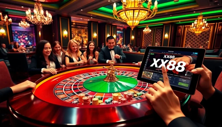 Experience the thrill of winning at XX88, featuring a vibrant roulette table surrounded by excited players.