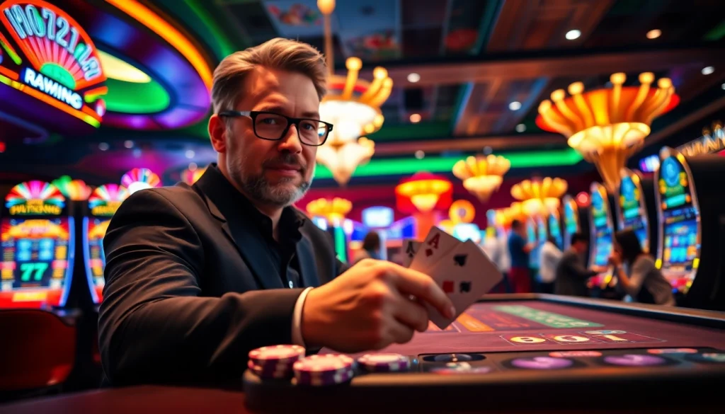 Menggambarkan pengalaman bermain ungutoto di kasino yang penuh warna dengan mesin slot.