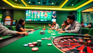 Permainan di Online Casino Malaysia dengan pemain teruja di meja perjudian.