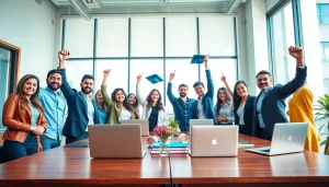 Successful young professionals celebrating their hbo Diploma kopen in a modern office setting.