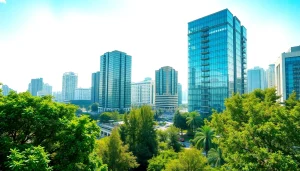 Visuel de la ville dynamique sur etudedelamaisoncarree.fr, mettant en avant l'architecture moderne et la verdure.