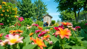 Gardening scene featuring a gardener nurturing vibrant flowers in a sunlit plot.