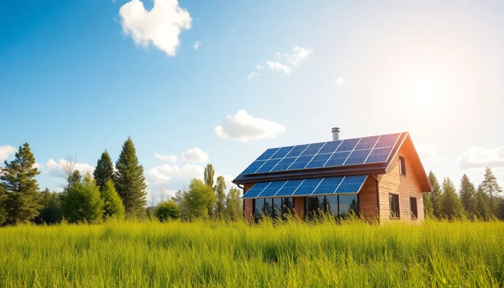 Off grid home solar system installation showcasing solar panels and a modern house.