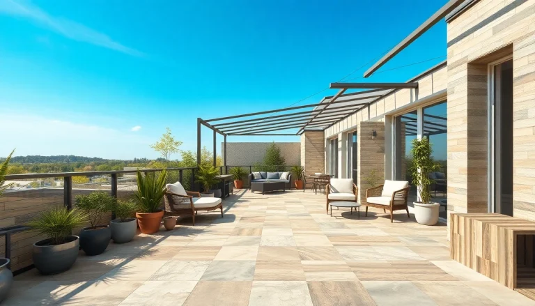 Carrelage extérieur sur une terrasse extérieure élégante avec des designs modernes et rustiques.