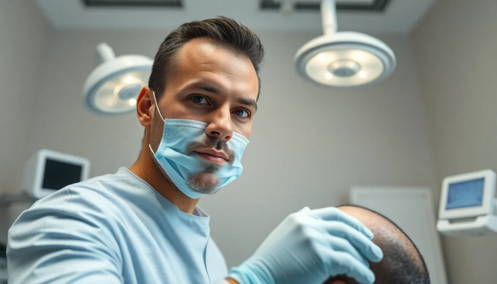 Hair transplant uk procedure highlighting a skilled surgeon in a professional clinic setting.