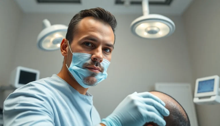 Hair transplant uk procedure highlighting a skilled surgeon in a professional clinic setting.