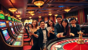 Players enjoying exciting games at Hi88 casino, with vibrant tables and luxury setting.