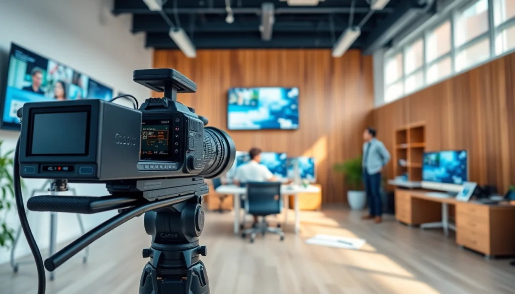 Engaging corporate video production process depicted with professional equipment and team collaboration.