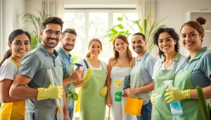 Dynamic cleaning service professionals efficiently cleaning a bright and welcoming room.