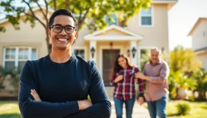 Discover real estate opportunities with a professional agent guiding homebuyers in a vibrant suburban setting.