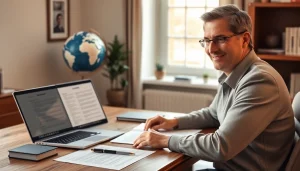 Professional translator engaged in traduzione giurata in a well-lit office.