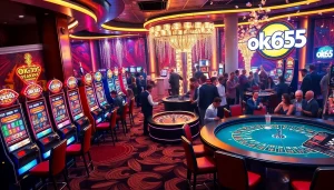 Excited players enjoying various games at a luxurious casino scene representing ok365's vibrant gaming environment.