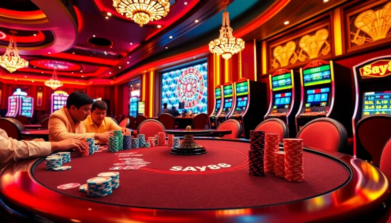 Experience the thrill of high-stakes poker at say88, complete with vibrant chips and an elegant gaming table.