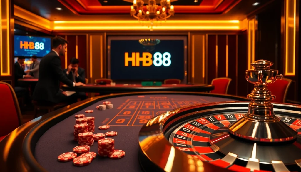 Experience high-stakes poker at HB 88 with vibrant chips and a thrilling roulette wheel spinning.
