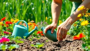 Gardening enthusiast planting seeds in a vibrant vegetable garden filled with flowers and herbs.