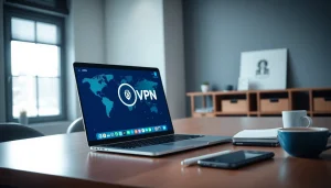 快连VPN interface on a modern laptop in a professional workspace, symbolizing global connectivity and security.