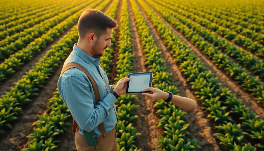 Understand agriculture law through a focused farmer analyzing data in a crop field.