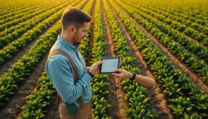 Understand agriculture law through a focused farmer analyzing data in a crop field.