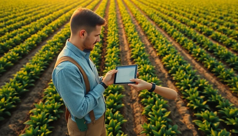 Understand agriculture law through a focused farmer analyzing data in a crop field.